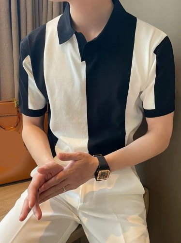 Erkek Kısa Kollu Polo Yakalı Blok Desenli Triko Bluz, 24762