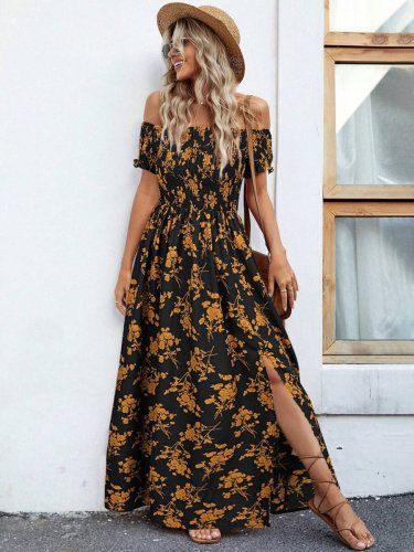 Kadın Kısa Kollu Madonna Yaka Yırtmaçlı çiçek Desenli Süprem Elbise , 24894