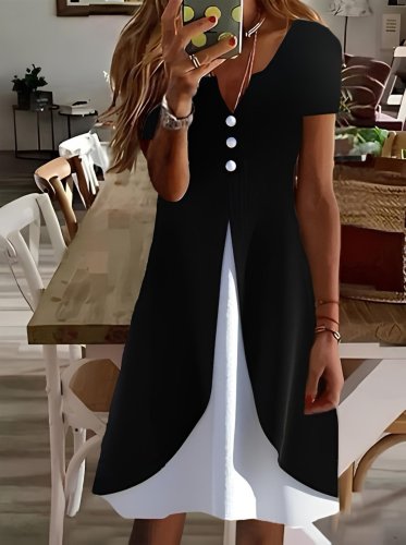 Kadın Kısa Kollu V Yakalı önden Düğmeli çift Renkli Viskon Elbise , 24899