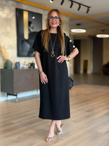 Kadın Kısa Kollu Bisiklet Yaka Omuzdan Düğmeli Uzun Viskon Iki Iplik Elbise, 25219