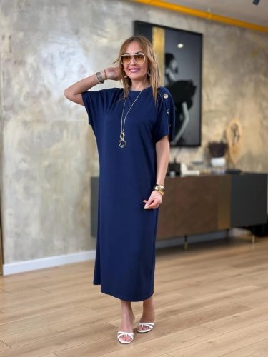 Kadın Kısa Kollu Bisiklet Yaka Omuzdan Düğmeli Uzun Viskon Iki Iplik Elbise, 25220