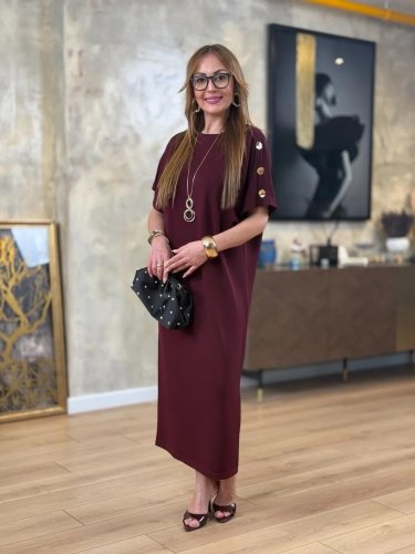 Kadın Kısa Kollu Bisiklet Yaka Omuzdan Düğmeli Uzun Viskon Iki Iplik Elbise, 25223