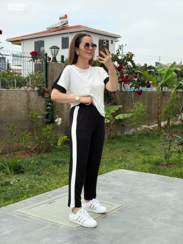 Kadın Kısa Kollu Modal Dokulu Kumaş Yanı şeritli Takım, 31349