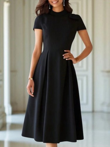 Kadın Kısa Kollu Yarı Balıkçı Yaka Pileli Janjan Krep Midi Elbise, 25446