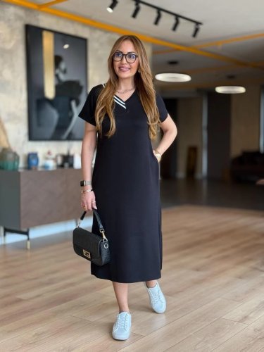 Kadın Kısa Kollu V Ribana Yakalı Yırtmaçlı Midi Viskon Iki Iplik Elbise , 25509