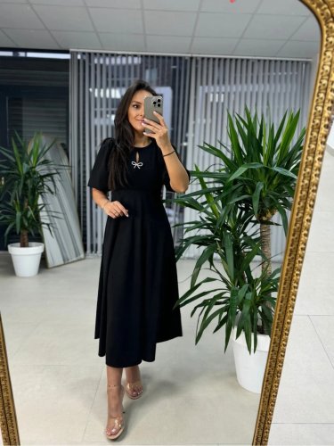 Kadın Kısa Kollu Bisiklet Yaka Fiyonk Broşlu Midi Janjan Krep Elbise , 25719