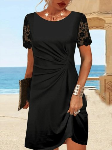 Kadın Kısa Kollu Yuvarlak Yaka Dantel Kol Detay Viskon Elbise , 25772