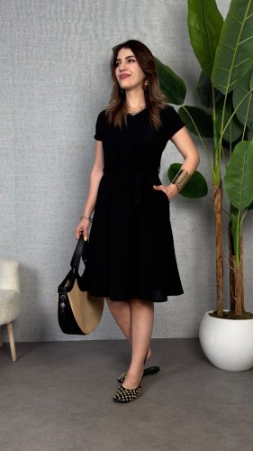 Kadın Kısa Kollu V Yakalı Beli Kuşaklı Ithal Keten Elbise, 25911