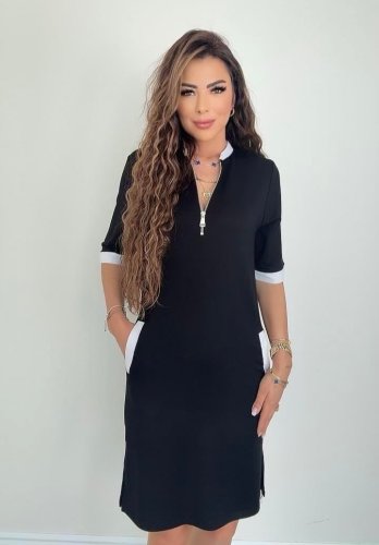 Kadın Kısa Kollu Yakadan Fermuarlı Cepli Yandan Yırtmaçlı Viskon Elbise , 27160