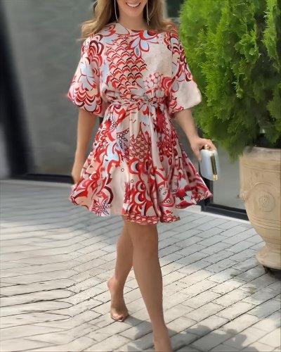 Kadın Kısa Balon Kollu Yuvarlak Yakalı Pileli Desenli Mini Elbise , 26493