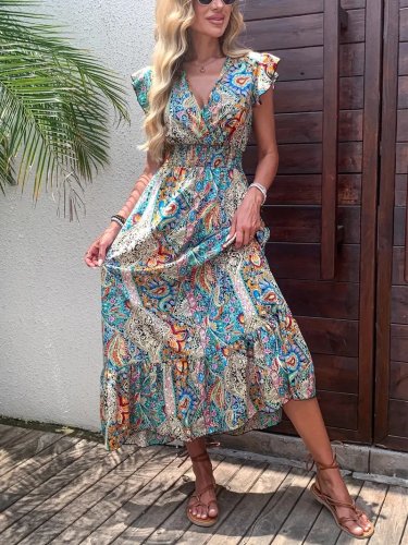 Kadın Kısa Kollu Kruvaze Yakalı Desenli Maxi Elbise, 26614