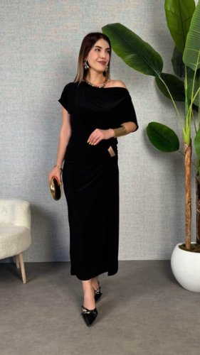 Kadın Kısa Kollu Tek Omuzdan Açık Beli Lastikli Sandy Maxi Elbise , 31238