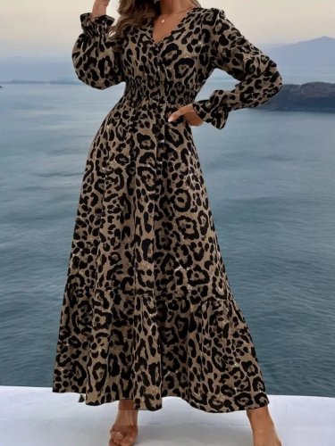 Kadın Uzun Kollu Kruvaze Yaka Leopar Desenli Uzun Süprem Elbise, 26837