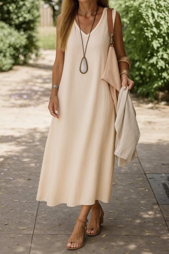 Kadın Kolsuz V Yakalı Maksi Boy Ithal Keten Elbise, 26933