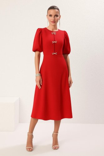 Kadın Kısa Kollu Damla Fiyonk Detaylı Kiloş Ithal Krep Midi Elbise, 27015