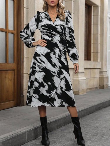 Kadın Uzun Kollu Kruvaze Yakalı Yandan Bağlamalı Desenli Mini Modal Elbise , 27847