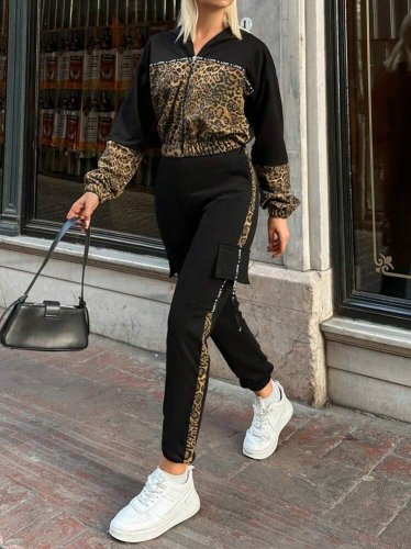 Kadın Uzun Kollu Kapşonlu Leopar Desenli Viskon Iki Iplik Bluz Ve Pantolon Ikili Takım , 29873
