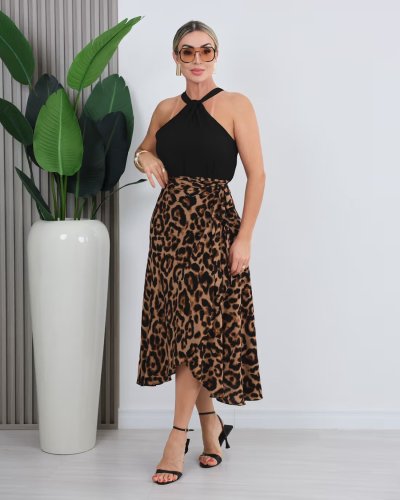 Kadın önden Bağlamalı Leopar Desenli Süprem Uzun Etek , 31619