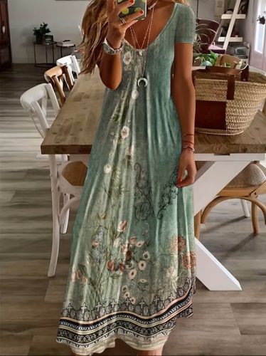 Kadın Kısa Kollu V Yakalı Desenli Uzun Süprem Elbise, 33151