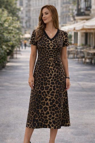 Kadın Kısa Kollu V Yakalı Leopar Desenli Kısa Süprem Elbise , 33177