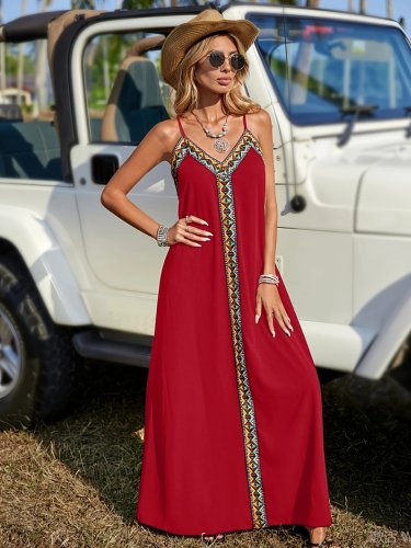 Kadın Askılı V Yakalı Etnik şerit Detaylı Uzun Viskon Elbise , 25410