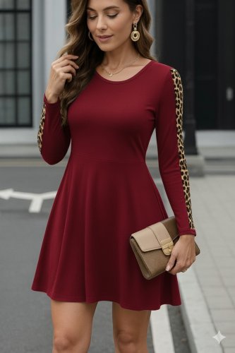 Kadın Uzun Kollu Bisiklet Yaka Kollar Leopar Detay Iki Iplik Mini Boy Elbise, 28012