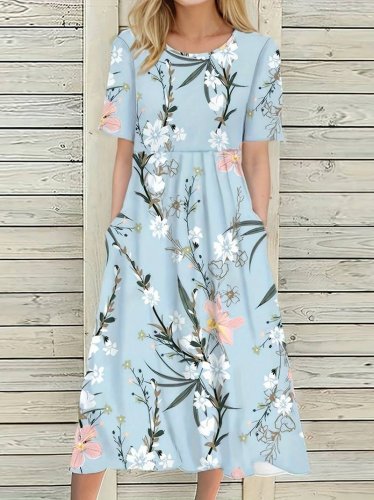 Kadın Kısa Kollu çiçek Baskı Midi Boy Süprem Elbise, 15611