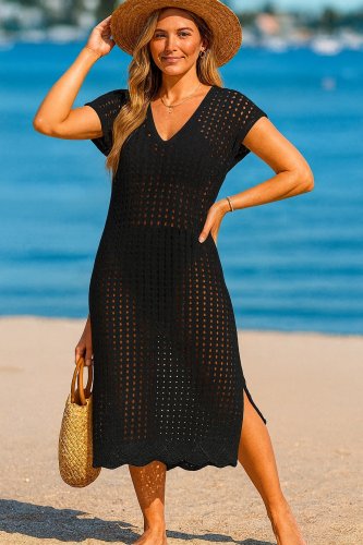 Kadın Sıfır Kol V Yaka Yanı Derin Yırtmaçlı Midi Boy Triko Elbise , 16331