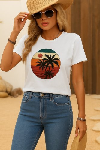 Kadın Kısa Kollu Palmiye Baskılı Viskon Bluz, 17345