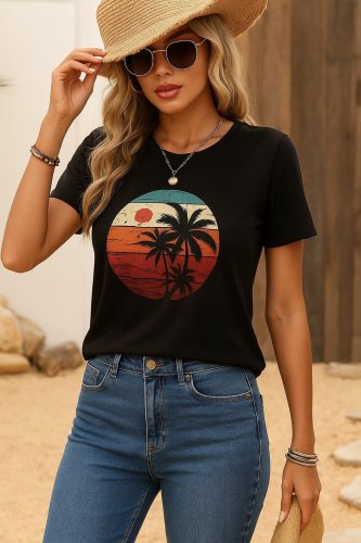 Kadın Kısa Kollu Palmiye Baskılı Viskon Bluz, 17347