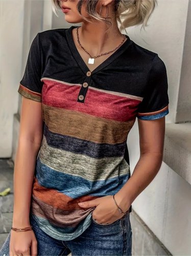 Kadın Kısa Kollu V Yakalı Düğmeli çok Renkli Süprem Bluz, 17441