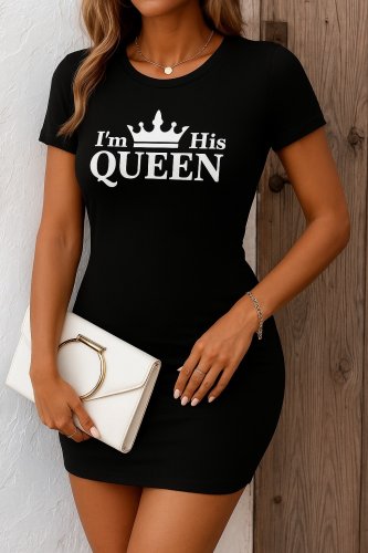 Kadın Kısa Kollu Queen Baskı Iki Iplik Mini Elbise , 17660