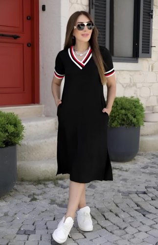 Kadın Kısa Kollu V Yaka Ribana Detay Midiboy Viskon Elbise, 32838