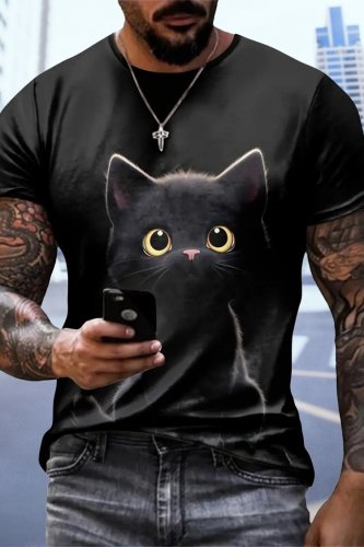 Erkek Bisiklet Yaka Kedi Baskılı Süprem T-shirt , 18566