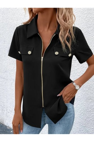 Kadın Kısa Kollu Ceket Yaka önü Fermuarlı Cep Detay Kısa Kol Ithal Krep Bluz, 23805