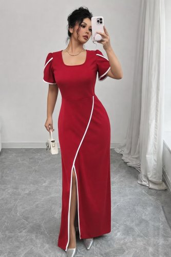 Kadın Kısa Kollu Kare Yakalı önden çapraz Kesim Detaylı Krep Elbise , 31403