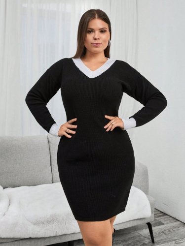 Kadın Uzun Kollu V Yakalı Kısa Triko Elbise , 21519