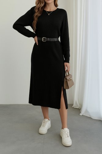 Kadın Uzun Kollu Bisiklet Yaka Yandan Yırtmaçlı Midi Triko Elbise , 22932