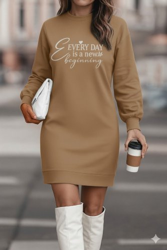 Kadın Uzun Kollu Bisiklet Yaka Kısa Viskon Iki Iplik Elbise , 23067