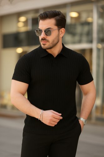 Erkek Kısa Kollu Yakalı çizgi Desenli Triko Bluz , 23451