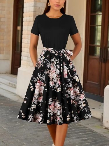 Kadın Kısa Kollu Bisiklet Yaka çiçek Desenli üst Viskon Alt Süprem Kısa Elbise, 25834