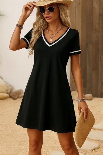 Kadın Kısa Kollu V çizgili Yakalı Kısa Viskon Elbise, 23642