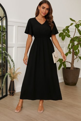 Kadın Kısa Kollu V Yakalı Beli Lastikli Uzun Viskon Elbise , 23646