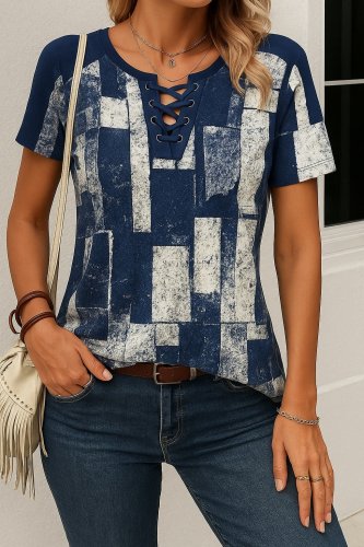  Kadın Kısa Kollu Yakası Bağcıklı Kuş Gözü Detay Süprem Bluz, 23855