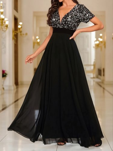 Kadın Kısa Kollu Derin V Yakalı A Kesim Pulpayet Detaylı şifon Nedime Elbisesi , 25396