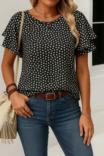 Kadın Kısa Kollu Kolları Volanlı Baskılı Süprem Bluz, 24189