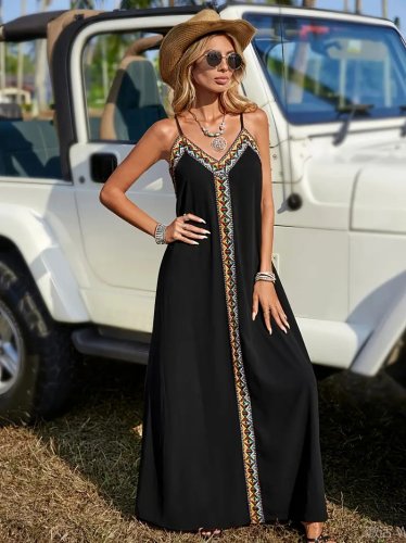 Kadın Askılı V Yakalı Etnik şerit Detaylı Uzun Viskon Elbise , 24438