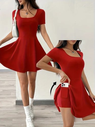 Kadın Kısa Kollu Kare Yaka Short Detaylı Cepli Dalgıç Elbise, 25590