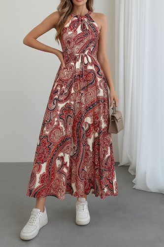 Kadın Halter Yakalı Omuzlardan Açık Kuşaklı Maksi Boy Desenli Süprem Elbise , 24665