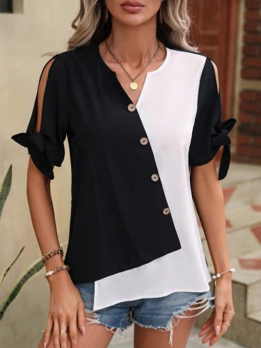 Kadın Kısa Kollu Kollardan Bağlamalı önden Asimetrik Kesim çift Renk Detaylı Düğmeli Ithal Krep Bluz , 24754